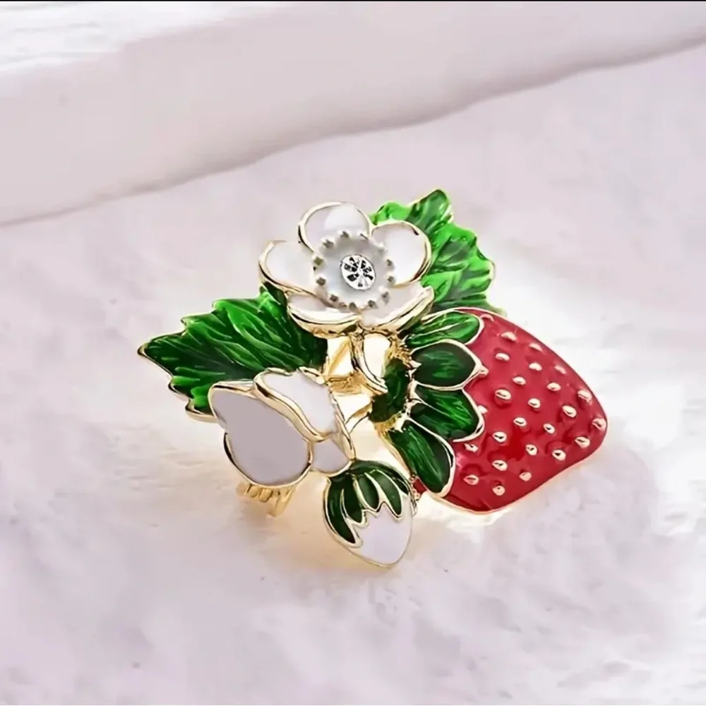 Strawberry Brooch Enameled with Floral Accents Gold Tone